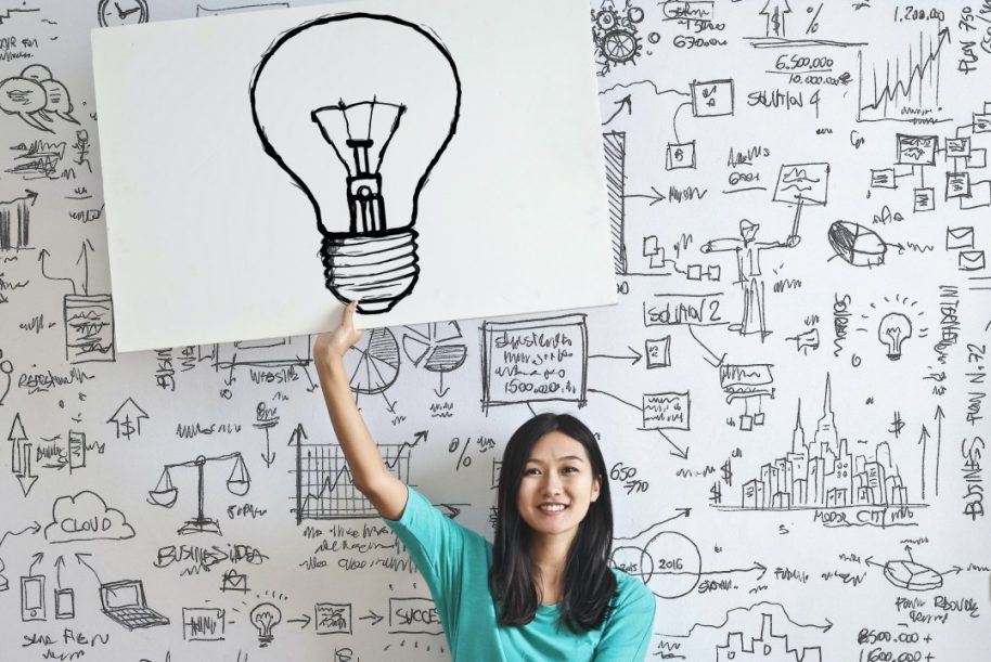 A woman holds up a picture of a lightbulb in front of a wall of ideas
